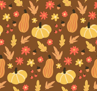 Sonbahar hasadı hoş, pürüzsüz desen, küçük balkabakları ve akçaağaç yaprağı, çiçekler, meşe palamutları. Şükran Günü ve Cadılar Bayramı tasarımı için arka planı tekrarla.