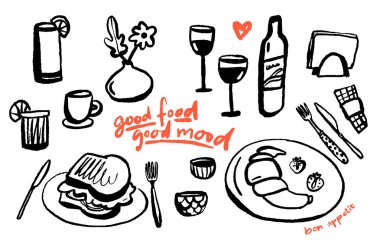 Kafe karalamaları, şube ve yemek tabakları, şarap bardakları, kahve fincanları. Kruvasan ve tost tabakta servis edilir. Modern modaya uygun taslak elementler. İyi yemek, iyi ruh hali.