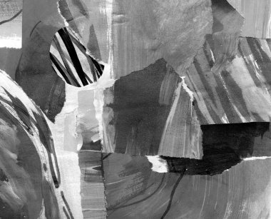 Siyah gri soyut kolaj, yırtık kağıt parçaları yapıştırılmış, yatay afiş arkaplan, boyalı mürekkep dokusu.