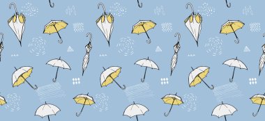 Mavi arkaplanda şemsiye deseni, pürüzsüz yağmurlu desen.