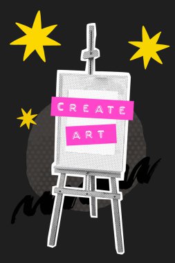 Painting easel, art collage poster, embossed typography create art. Modern workshop poster, bold pop graphics on black background. clipart