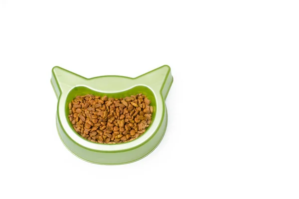 Groene Kattenkop Huisdier Kom Met Huisdier Voedsel Een Witte Achtergrond — Stockfoto