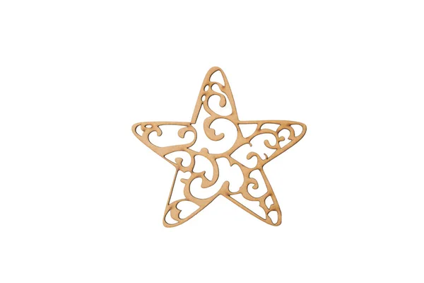 Uma Estrela Madeira Ornamentada Sobre Fundo Branco Com Espaço Cópia — Fotografia de Stock