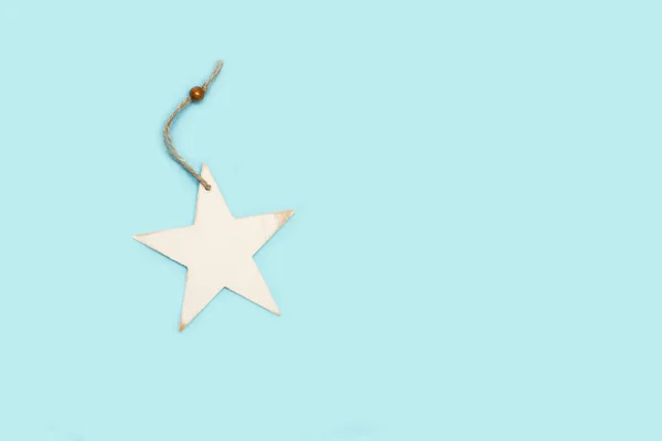 White Wooden Star Light Blue Background Copy Space — Stock Photo, Image