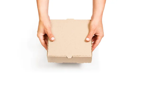 Woman Holding Brown Cardboard Box Both Hands White Background Copy — Stock Photo, Image