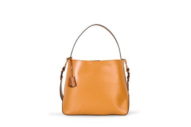 Brown woman leather handbag on a white background with copy space