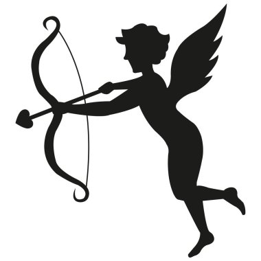 Silhouette of cupid with bow and arrow in the shape of a heart on a white background