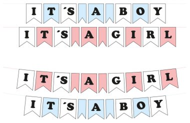 Pink and light blue Its a boy, its a girl garlands on a white background