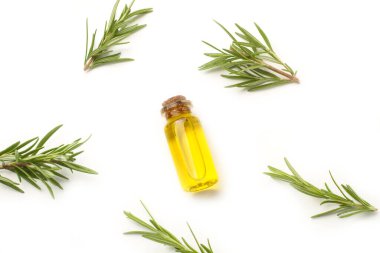 A bottle of olive oil and rosemary twigs on a white background with copy space