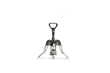 Stainless steel corkscrew with two levers on a white background with copy space