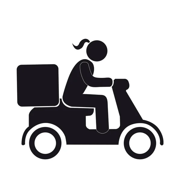 コピースペースと白い背景にオートバイの配達の女性 — ストックベクタ