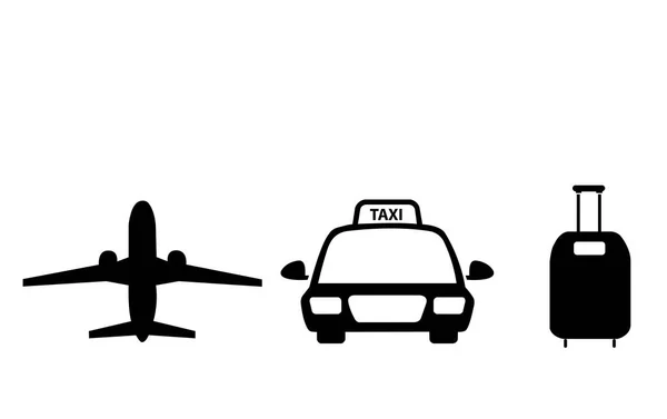 白い背景に飛行機 タクシー スーツケースの黒いイラスト — ストックベクタ