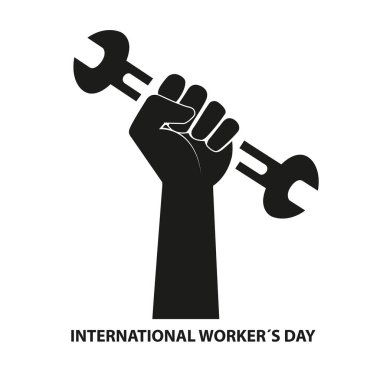 Uluslararası İşçiler Günü illüstrasyonunda, beyaz arka planda, fotokopi alanı olan bir ingiliz anahtarı tutuyordu.