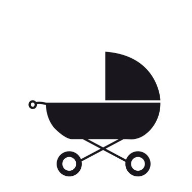 Beyaz arka planda fotokopi alanı olan siyah bir bebek arabası.