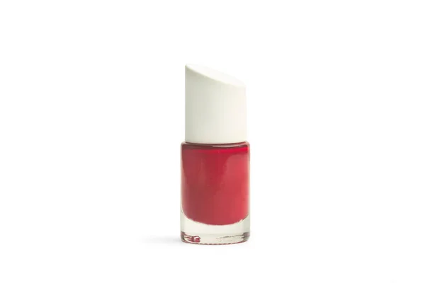 Κόκκινο Βερνίκι Νυχιών Μπουκάλι Λευκό Φόντο Χώρο Αντιγραφής — Φωτογραφία Αρχείου