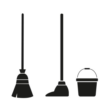 Bir süpürge, bir paspas ve bir kova beyaz zemin üzerinde kopya alanı ile