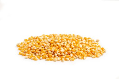 Kopya alanı olan beyaz bir arkaplanda bir yığın mısır taneciği