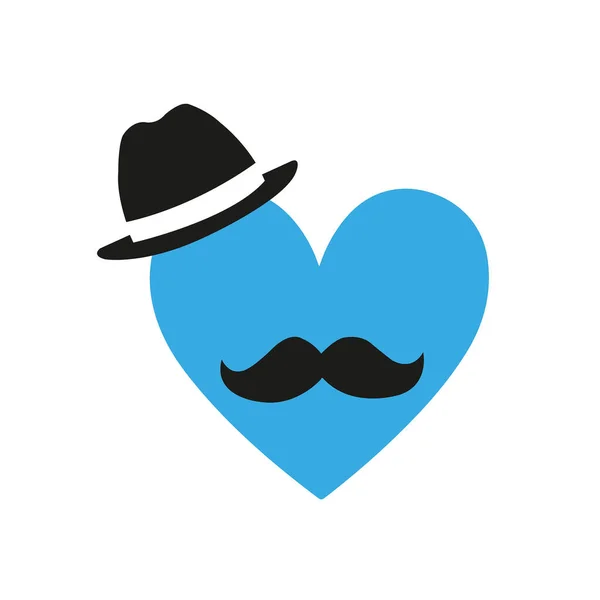 Padres Dia Cartão Saudação Com Coração Azul Com Chapéu Bigode —  Vetores de Stock