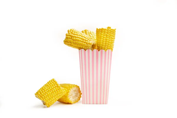 Pieces Corn Pink White Striped Bucket White Background Copy Space — Stock Photo, Image