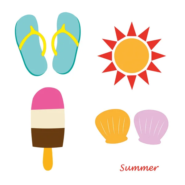 白い背景に色鮮やかなフリップフロップ シェル 太陽とアイスクリーム — ストックベクタ