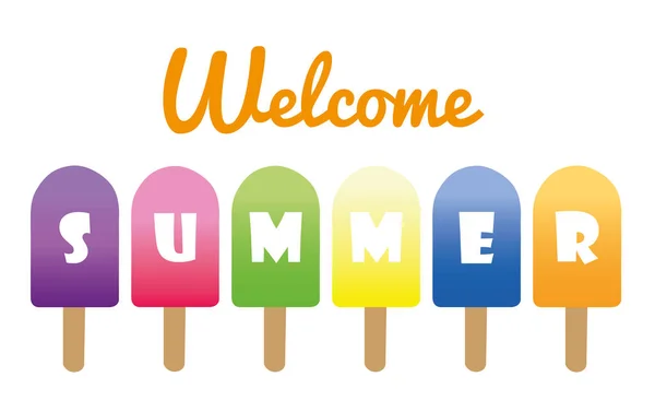 Willkommen Sommer Banner Mit Farbigen Eis Stiel Auf Weißem Hintergrund — Stockvektor