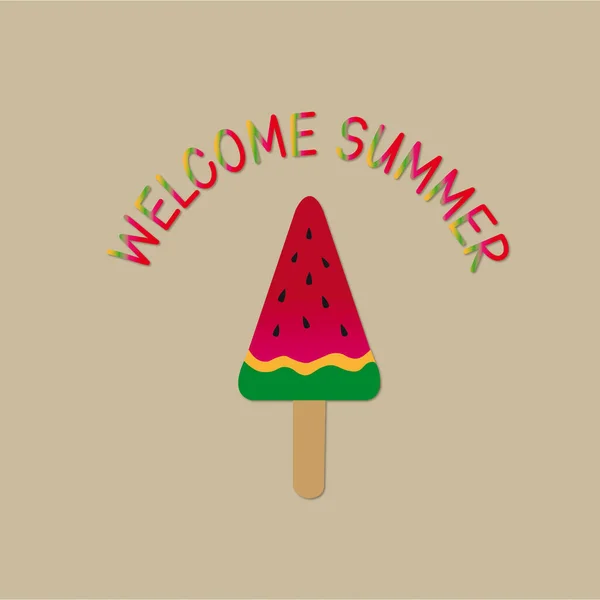 Willkommensbanner Mit Text Und Einem Eis Stiel Form Einer Wassermelonenscheibe — Stockfoto