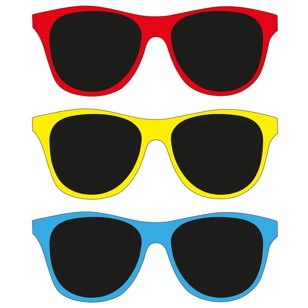 Drie Gekleurde Zonnebrillen Een Witte Achtergrond Met Kopieerruimte — Stockvector