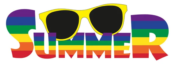 Sommerbanner Mit Text Regenbogenfarbe Und Gelber Sonnenbrille Auf Weißem Hintergrund — Stockvektor