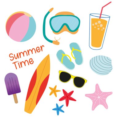 Beyaz arka planda renkli plaj eşyaları olan bir yaz afişi.