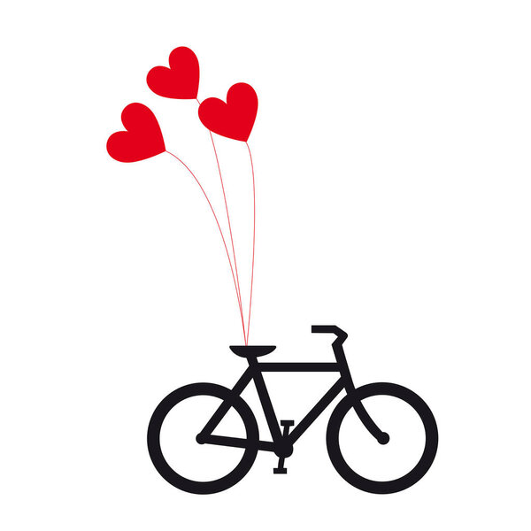 A bicycle with three heart shape balloons on a white background with copy space