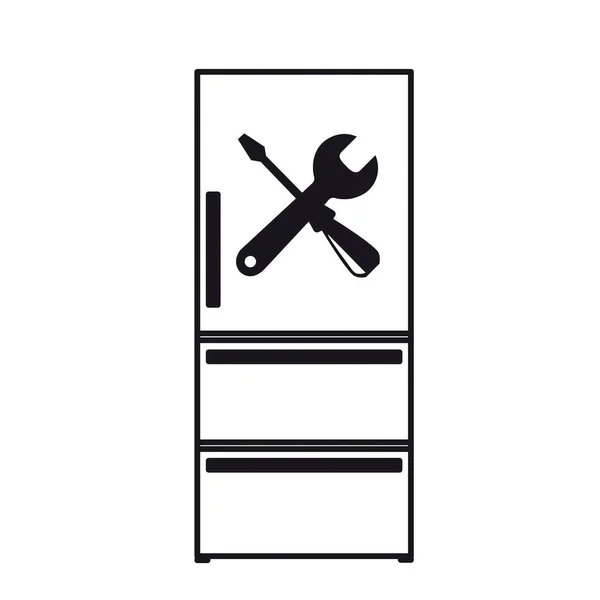 冰箱门上有螺丝刀和扳手的冰箱 作为白色底座上修理服务的一个例子 — 图库矢量图片