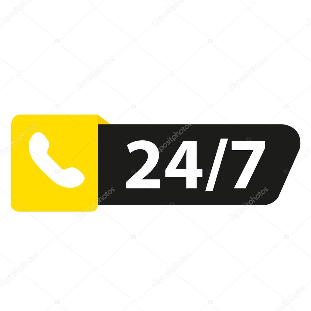 Black and yellow 24-7 telephone assistance sign on a white background with copy space