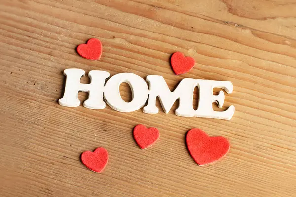 Home Sign Red Hearts Wooden Background Copy Space — Stock Photo, Image