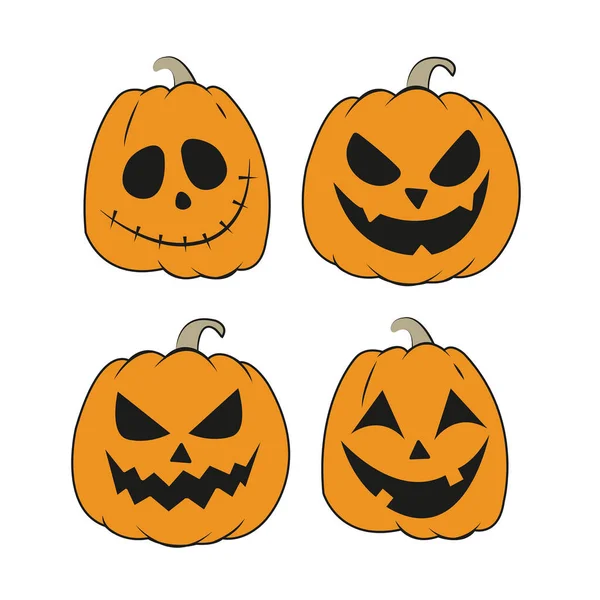 Quattro Zucche Halloween Con Facce Diverse Uno Sfondo Bianco — Vettoriale Stock