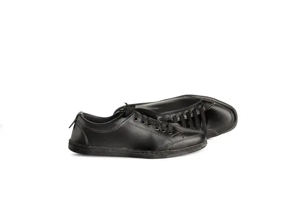 Par Zapatillas Cuero Negro Sobre Fondo Blanco Con Espacio Para — Foto de Stock