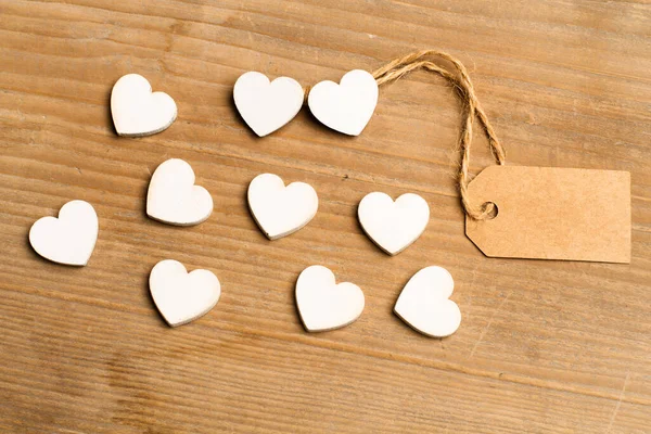 White Wooden Hearts Brown Label Wooden Table Copy Space — Stock Photo, Image