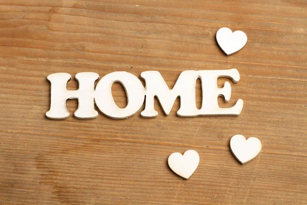Home Sign White Hearts Wooden Background Copy Space — Stock Photo, Image