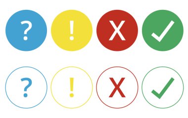 Renkli soru, ünlem, beyaz arkaplandaki işaretleri kontrol et ve iptal et