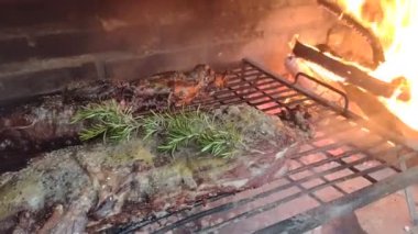 Et parçaları ve yanan odunlarla barbekü.