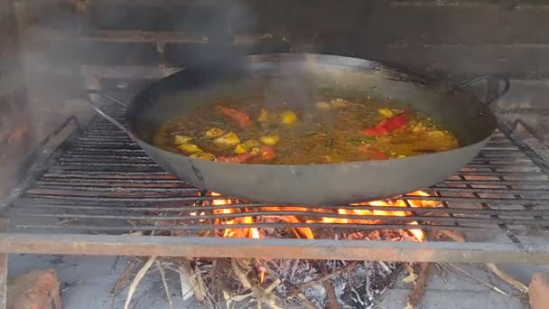 Cozinhar Paella Com Lenha Uma Grelha — Vídeo de Stock