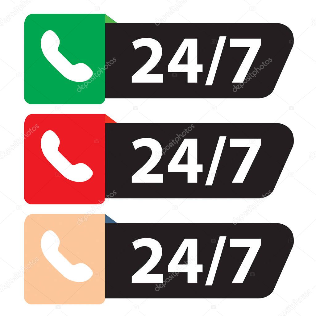 Colored 24-7 telephone assistance sign on a white background with copy space