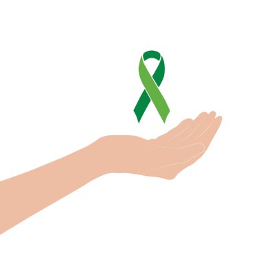 Fotokopi alanı olan beyaz bir arkaplanda yeşil bir kurdele tutan bir el