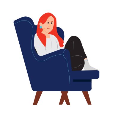 Mavi koltukta beyaz arka planda oturan kızıl saçlı bir kadının el çizimi.