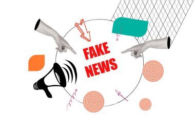 Woman hands pointing fake news short phrase on a background with circles, arrow and a megaphone clipart