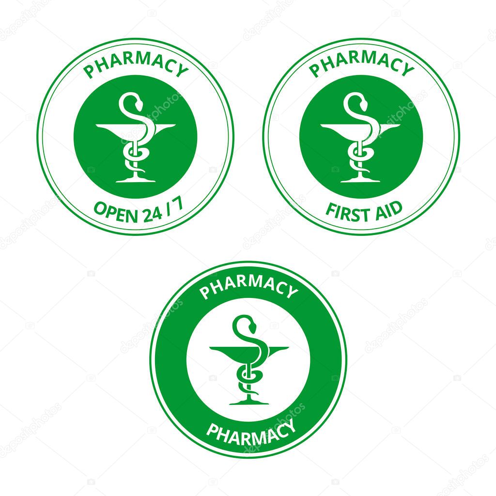 Green pharmacy labels with the draw of a snake and a cup on a white background