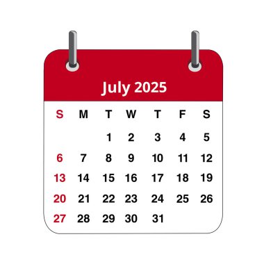 Temmuz 2025 takvim sayfası beyaz arkaplanda izole