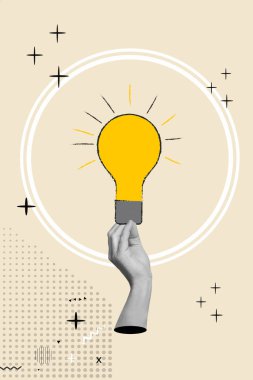 El kolajı bej arka planda beyaz bir dairede sarı bir ampul tutuyor.