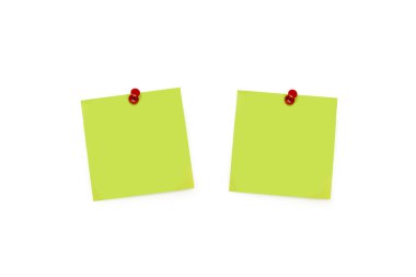 Beyaz arka planda kırmızı raptiyelerle tutturulmuş iki boş yeşil kağıt banknot.