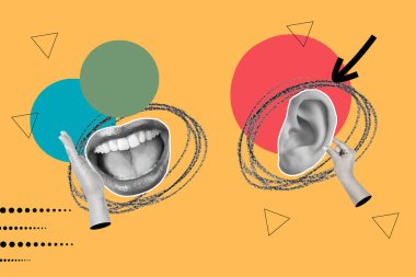 Kadın eli kolajı, kadın ağzı ve turuncu arka planda renkli halkalar üzerinde kulak.