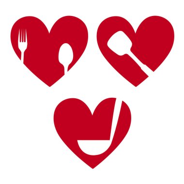 Mutfak aletleri çizilmiş kırmızı kalpler beyaz arka planda izole edilmiş.